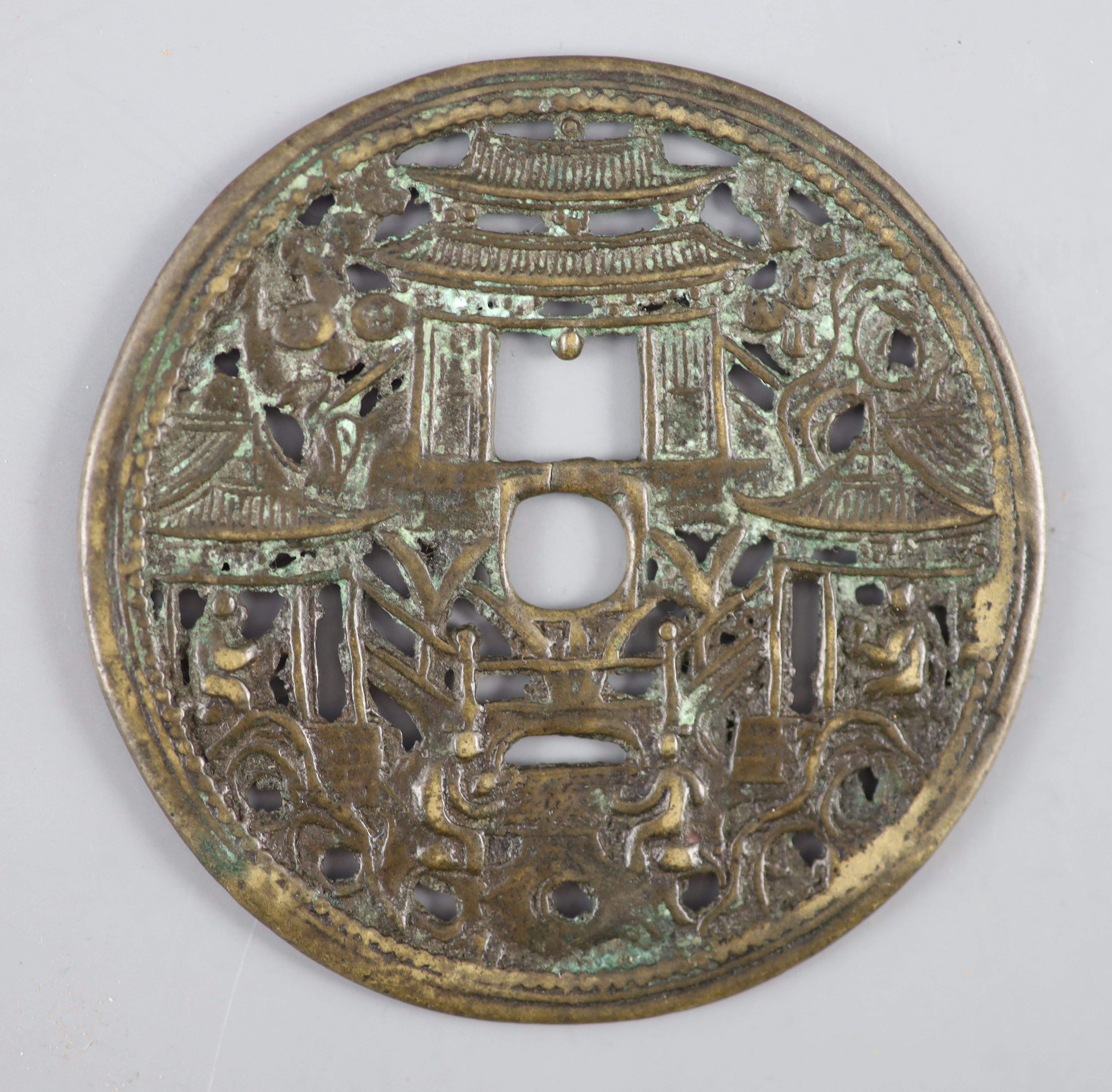 China, a large cast bronze openwork figures amid pavilions charm, Ming or Qing dynasty, Mandel 8.9.1,